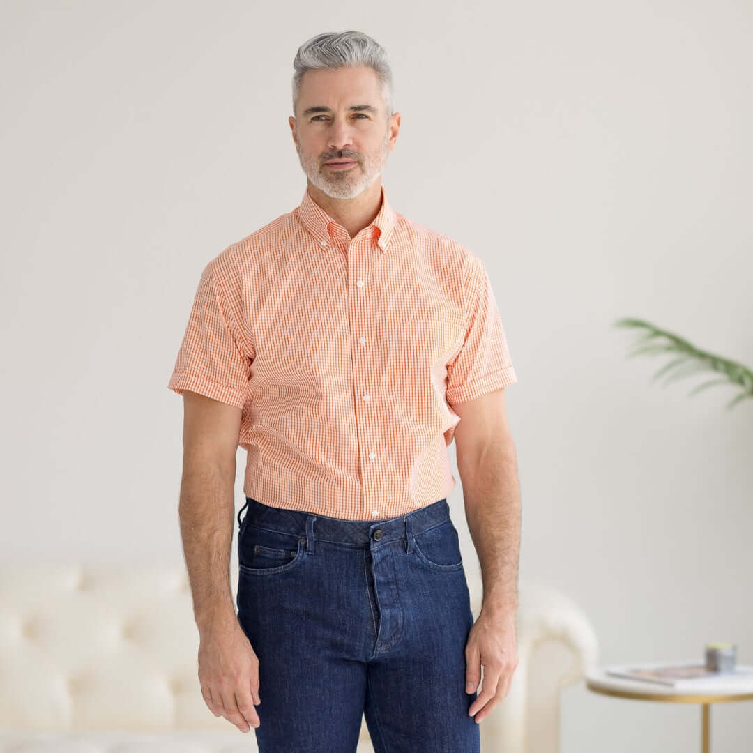 "Heights" Short-Sleeve Button-Down Collar Cotton Shirt with Magnetic Closures
