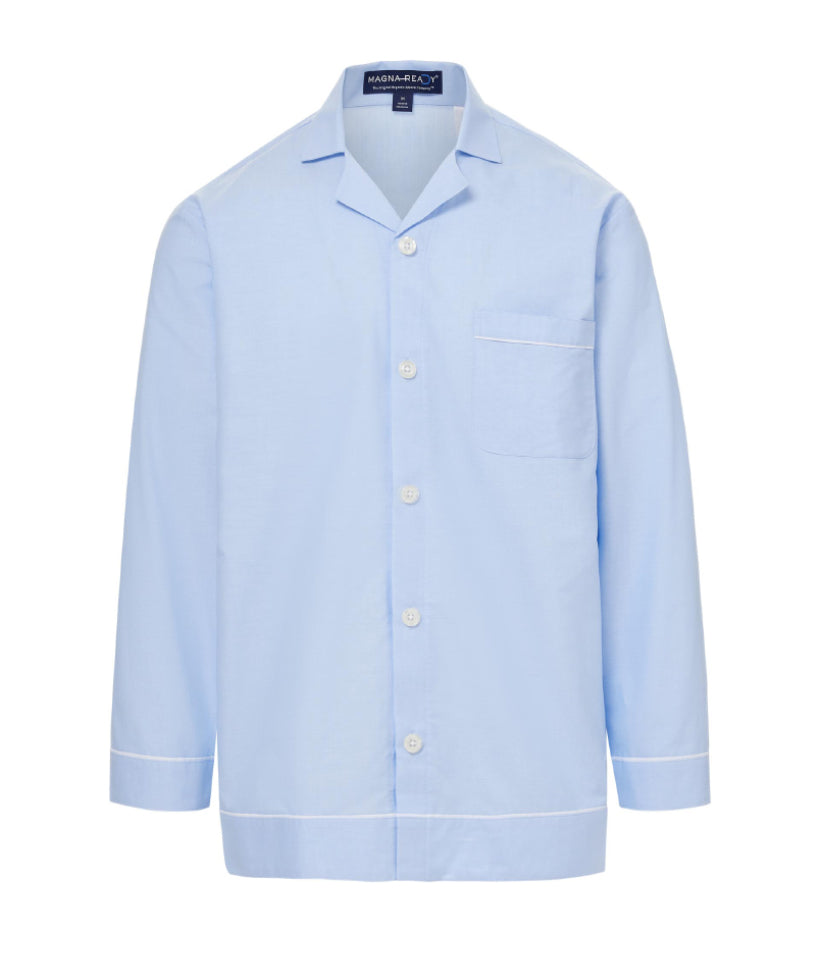 Light Blue Oxford Long Sleeve Pajama Top with Magnetic Closures