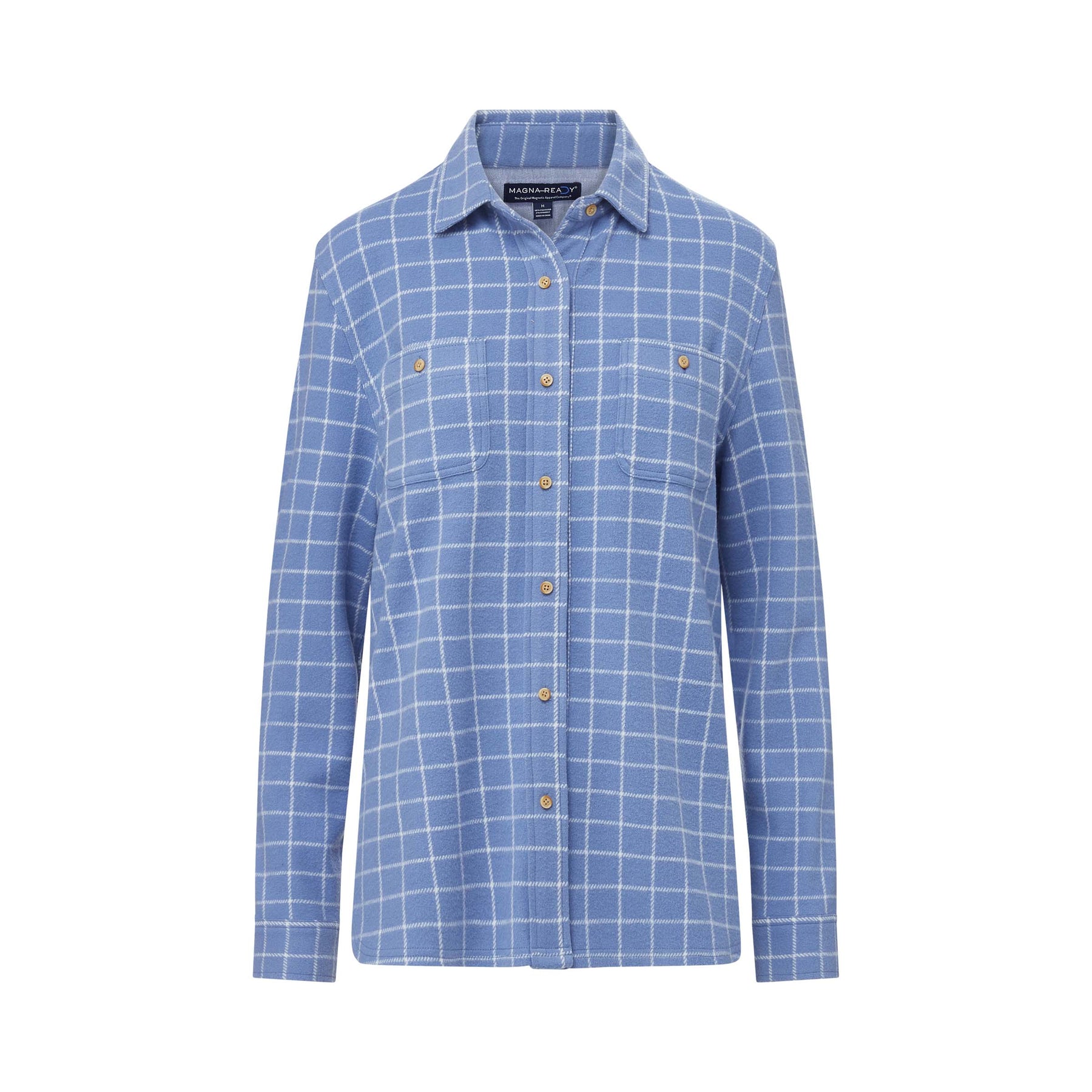 Women's Magnetic Button Front Curved Hem Blue and White Window Flannel Shirt