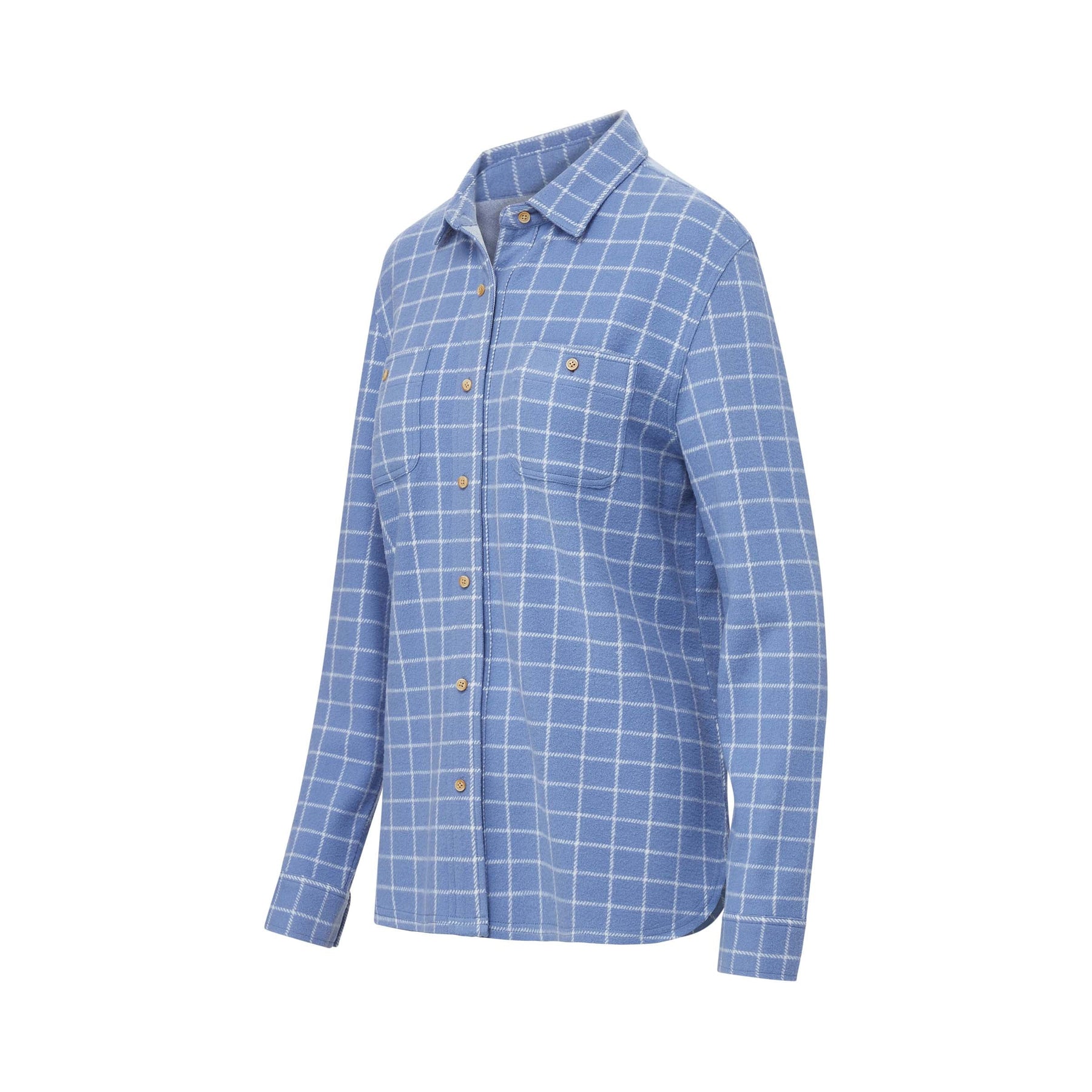 Women's Magnetic Button Front Curved Hem Blue and White Window Flannel Shirt