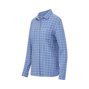 Women's Magnetic Button Front Curved Hem Blue and White Window Flannel Shirt