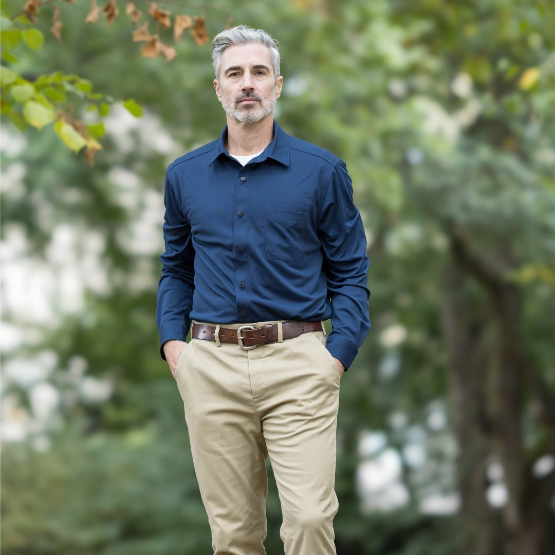 Adaptive True Navy Magnetic Front Long Sleeve Cooling Tech Polo with Pocket