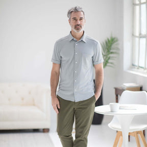 Adaptive cooling magnetic front short sleeves shirt in grey for limited mobility and comfort.