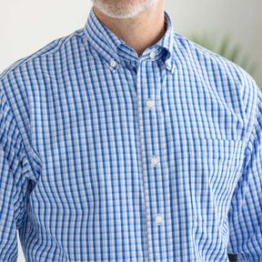 Blue and white grid long sleeve button-down collar shirt featuring a classic fit and pocket detail.