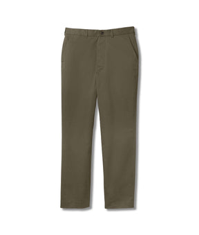 Flat front olive chino twill pants with magnetic closures, designed for adaptive wear and mobility support.