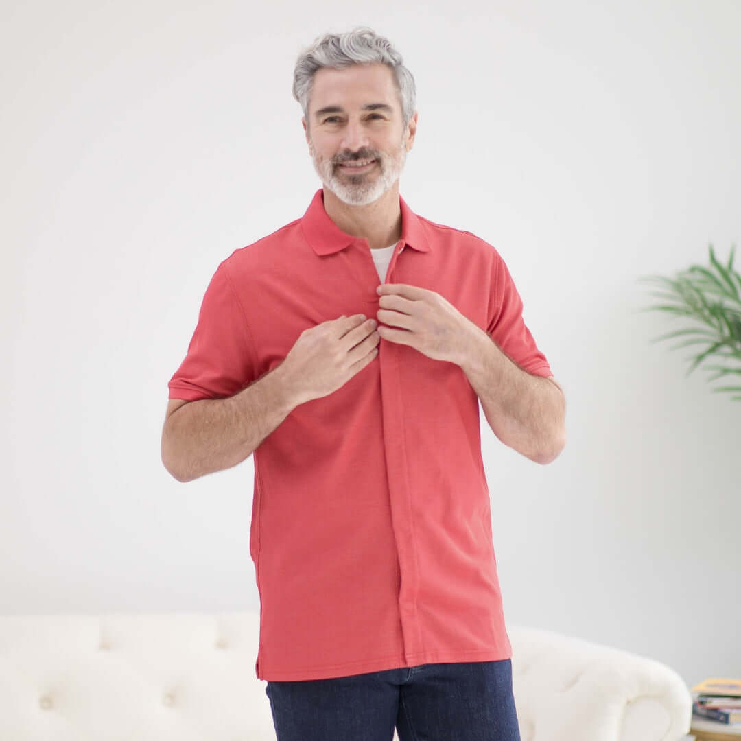 Short-Sleeve Polo Pique Knit Shirt with Magnetic Closures