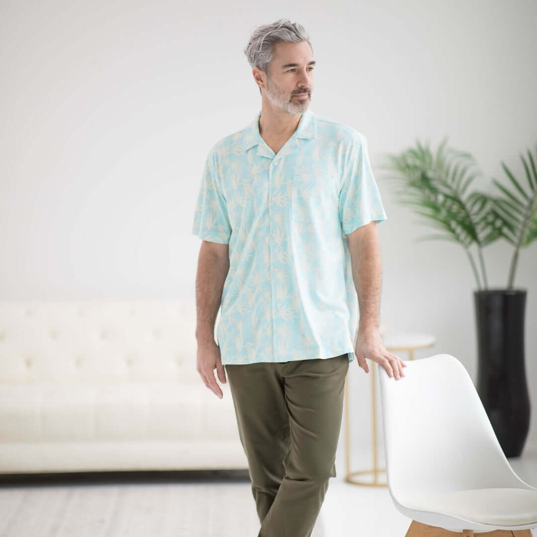 Blue leaf cooling shirt designed for comfort and mobility, perfect for those with disabilities or chronic conditions.